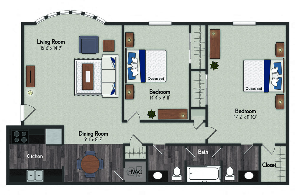 Floor plan for 2 beds, 1.5 baths, 1060 sqft